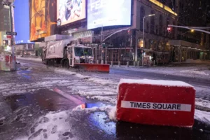 Times Square covered in snow during the bomb cyclone NYC